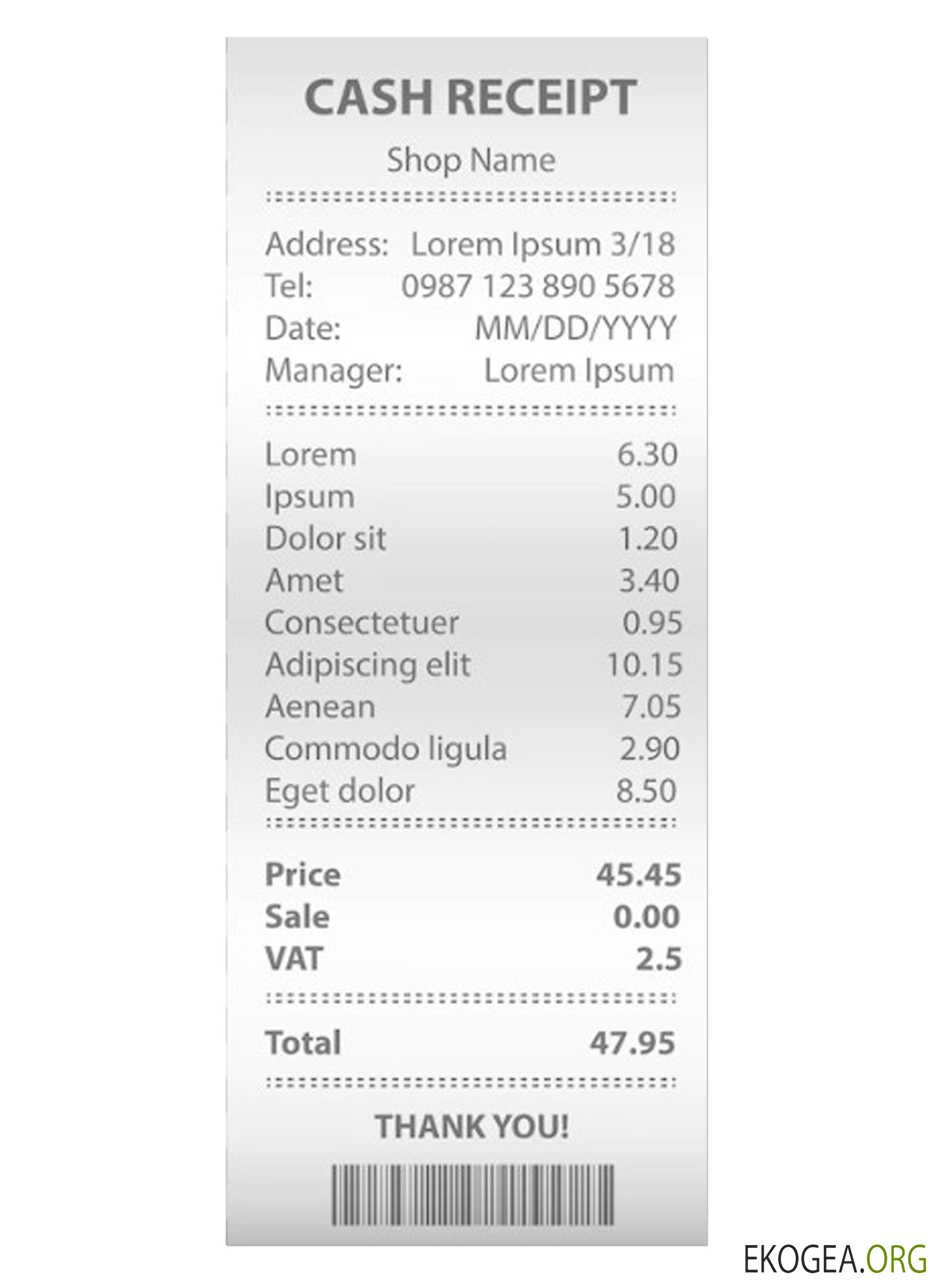 Échantillon de reçu de CASH